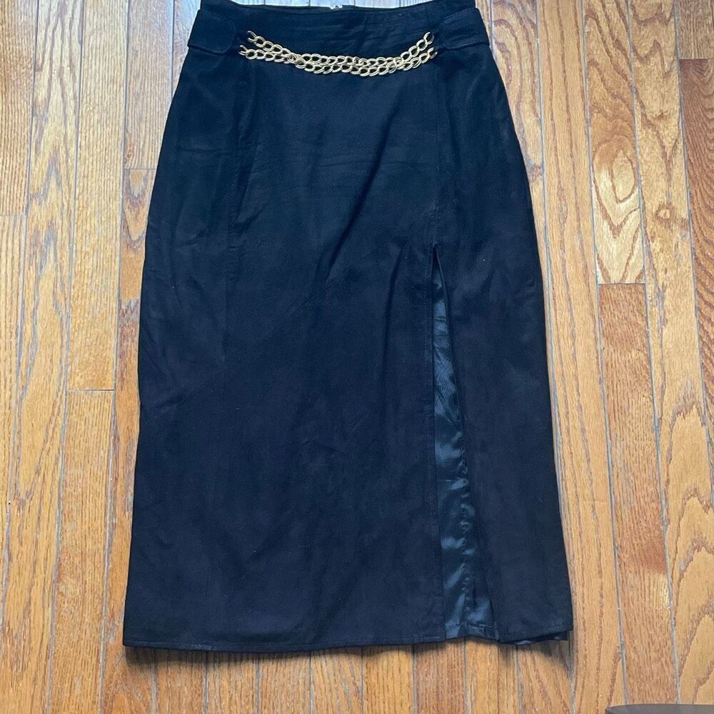 Vintage 80s 90s Vakko black genuine suede bodycon side slit midi skirt size 8
